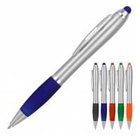 Plastic Pen Ballpoint Stylus Rubberised Grip Silver Cara