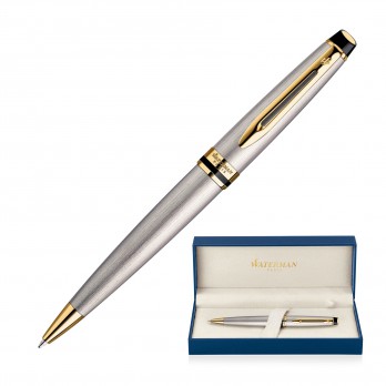 Metal Pen Ballpoint Waterman Expert - Brushed Stainless 23K Gold Plated Trim