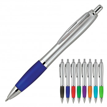 Plastic Pen Ballpoint Rubberised Grip Silver Cara