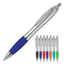 Plastic Pen Ballpoint Rubberised Grip Silver Cara