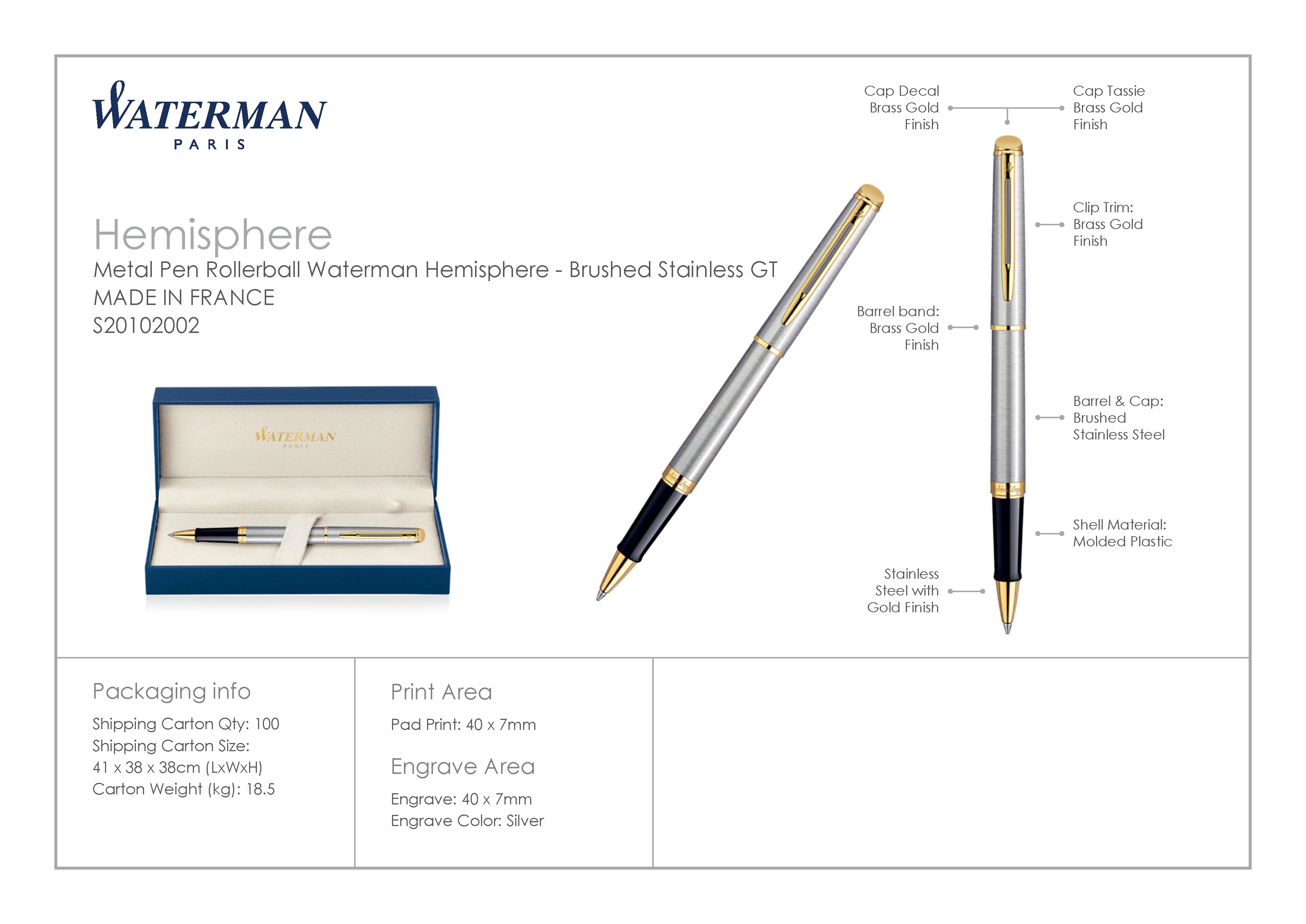 S20102002 Metal Pen Rollerball Waterman Hemisphere Brushed Stainless